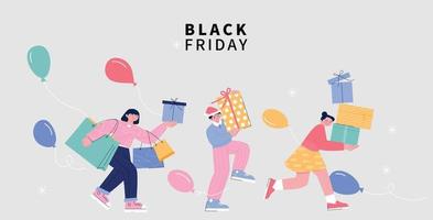 viernes negro la gente camina alegremente con bolsas de compras y cajas de compras. vector