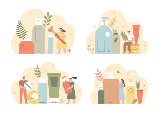 Cosmetic products are composed of sets. People are holding large cosmetics. Illustration in a simple and geometric style.
