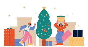 A boy and a girl are having fun with a large gift box. There is a Christmas tree in the middle of the room. vector