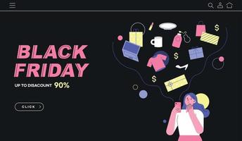 Black Friday Marketing Template. A woman is holding a cell phone and thinking about her shopping list. vector