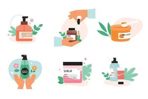 productos cosméticos danyaham y las manos que los utilizan. ilustración vectorial plana. vector