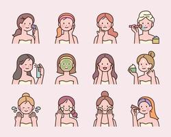 Cute female faces and various skin care methods. Information design in icon style with outline. vector