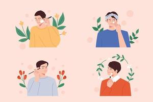 los hombres guapos están haciendo varios cuidados de la piel. detrás de ellos hay plantas decoradas. vector