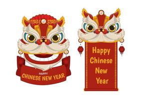 Chinese new year scroll greeting card horizontal and vertical template, decorated with lion dance head cartoon character vector