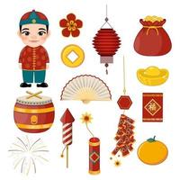 Happy Chinese new year with Asian Kids and Chinese Elements Cartoon Character Vector