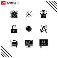 Pack of 9 creative Solid Glyphs of audio password selection lock science Editable Vector Design Elements