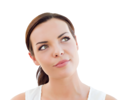 png transparent d'une jeune femme adulte pensive levant les yeux.