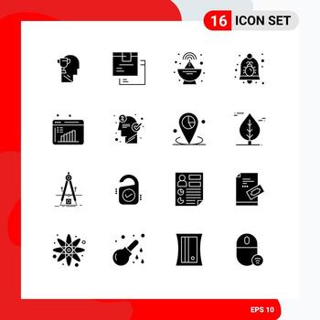 Modern Set of 16 Solid Glyphs and symbols such as business report notification product bell bug Editable Vector Design Elements