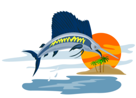 voilier poisson sautant île arrière plan rétro png