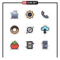 Group of 9 Filledline Flat Colors Signs and Symbols for gps compass food doughnut mobile Editable Vector Design Elements