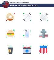 Big Pack of 9 USA Happy Independence Day USA Vector Flats and Editable Symbols of cross soda party drink bottle Editable USA Day Vector Design Elements