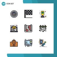 paquete de 9 signos y símbolos modernos de colores planos de línea rellena para medios de impresión web, como ubicación de trofeos de mapas de puntos, elementos de diseño de vectores editables reales