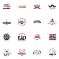 Fathers Day Lettering 16 Black and Pink Calligraphic Emblems Badges Set Isolated on Dark Blue Happy Fathers Day Best Dad Love You Dad Inscription Vector Design Elements For Greeting Card and Oth