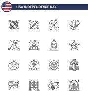 Group of 16 Lines Set for Independence day of United States of America such as state bird american ball animal usa Editable USA Day Vector Design Elements