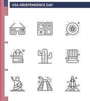 paquete de feliz día de la independencia de 9 líneas de signos y símbolos para la tienda de insignias de cactus abundante dinero elementos de diseño de vector de día de estados unidos editables