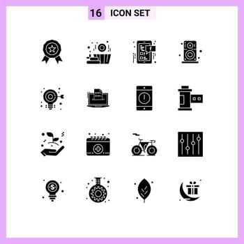 Mobile Interface Solid Glyph Set of 16 Pictograms of web target social media bulb player Editable Vector Design Elements