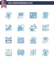 Happy Independence Day USA Pack of 16 Creative Blues of flag sports american rugby drink Editable USA Day Vector Design Elements