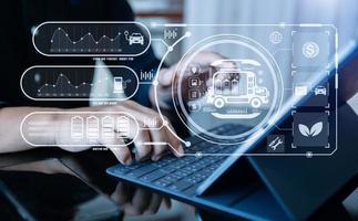 Business working with reduce CO2 concept with icons, global warming such as reforest green factory recycle and zero carbon dioxide emission concept. with VR icon at office photo