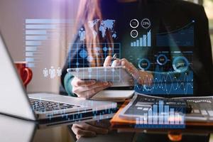 Investor analyzing stock market report and financial dashboard with business intelligence , with key performance indicatorsBusiness team meeting. photo