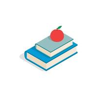 icono de manzana roja y dos libros, estilo 3d isométrico vector