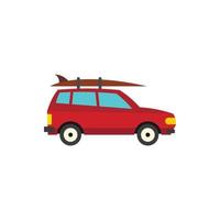 Red car with surfboard icon, flat style vector