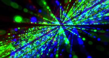 linhas de laser bonitas multicoloridas e brilhantes de pontos e partículas com espaço de fundo de efeito de arco-íris desfocado escuro em design de movimento de animação abstrata 4k de alta resolução video
