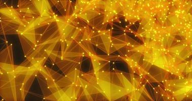 Yellow golden beautiful bright glowing shiny digital futuristic glass triangles from lines and dots. Abstract background, intro, video in high quality 4k