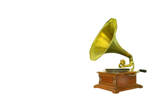 Gramófono antiguo retro con altavoz de bocina para reproducir música sobre platos aislados png