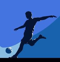 Abstract soccer player kicking the ball, on blue background, vector silhouette