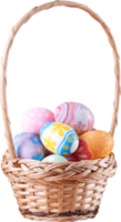 Happy Easter day colorful eggs in basket with flowers png