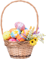 Lycklig påsk dag färgrik ägg i korg med blommor png