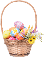 Happy Easter day colorful eggs in basket with flowers png