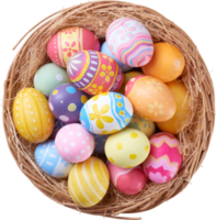 Happy Easter day colorful eggs in basket top view png