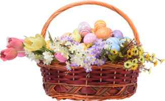 Happy Easter day colorful eggs in basket with flowers png