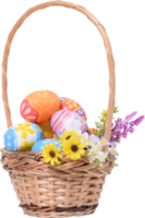 Happy Easter day colorful eggs in basket with flowers png