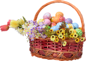 Happy Easter day colorful eggs in basket with flowers png