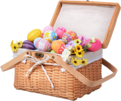 feliz día de pascua coloridos huevos en canasta con flores png
