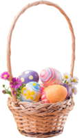 Happy Easter day colorful eggs in basket with flowers png