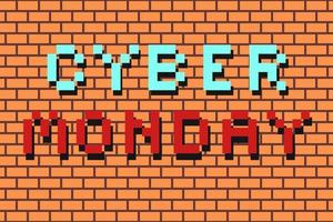 Cyber Monday lettering in the style of pixel art on a background light orange brick wall. Vector illustration can be used for ad, banner, flyer.