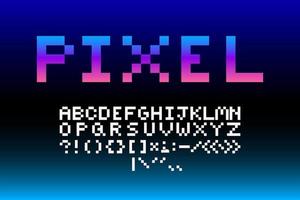 Flat white set alphabet and punctuation marks in pixel art style on a dark blue BG. Period, comma, exclamation, question,  colon, semicolon, quotation, dash, hyphen, parentheses, brackets, slash vector
