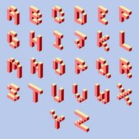 3D isometric alphabet in the style of pixel art pink and red on a light blue background vector