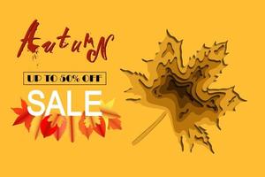 Autumn sale and orange gradient maple leaf background layered effect in paper cut style. vector