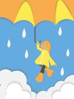 cartel de monzón. nubes, lluvia, abrigo amarillo niño y paraguas sobre fondo azul vector