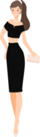 femme à la mode en petite robe noire de luxe vintage style plat png