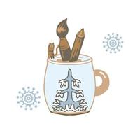 A cup with the image of a winter tree has become a stand for a brush and a pencil and a cat. Snowflakes around. vector