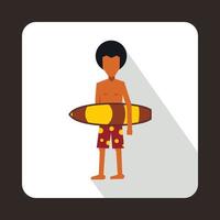 Surfer with surfboard icon, flat style vector