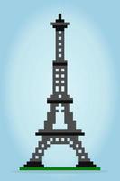 Imagen de la torre Eiffel de píxeles de 8 bits. edificio en ilustración de arte vectorial de píxeles. torre en francia para los activos del juego. vector