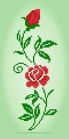 Píxeles de rosas de 8 bits. flores rojas para patrones de punto de cruz, en ilustraciones vectoriales. vector