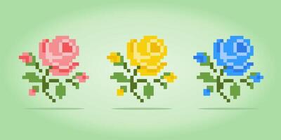 Píxeles de rosas de 8 bits. flores para patrones de punto de cruz, en ilustraciones vectoriales. vector