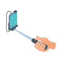 Hands holding selfie stick with smartphone icon vector
